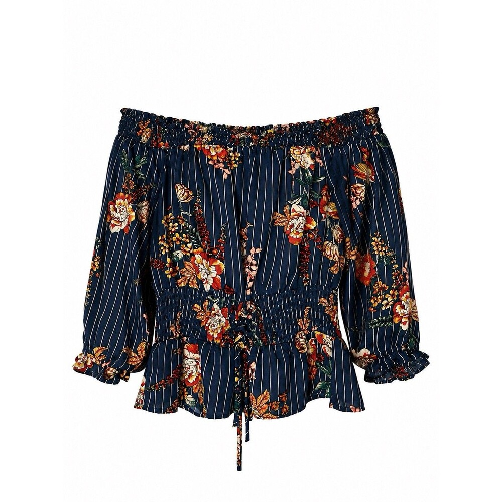 OLM M Navy Floral Pinstripe Off Shoulder Smocked Peplum Boho Cottagecore Blouse